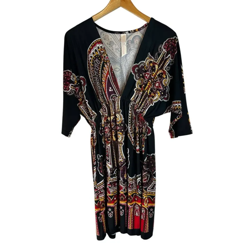 Cristina Love V-Neck Kimono-Sleeve Kaftan Tunic-Style Dress Black Multi L Boho - Picture 2 of 10